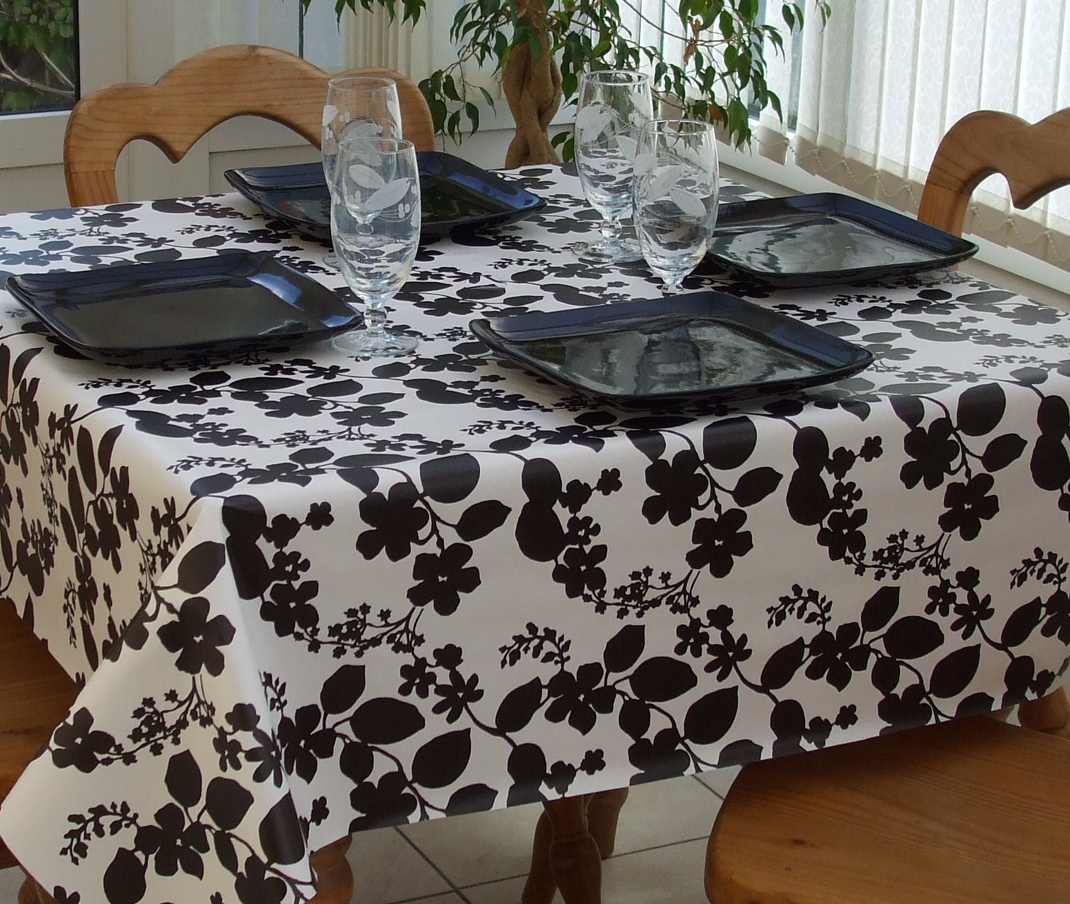 Square Wipe Clean Tablecloth - Black Flower | The Tablecloth Company