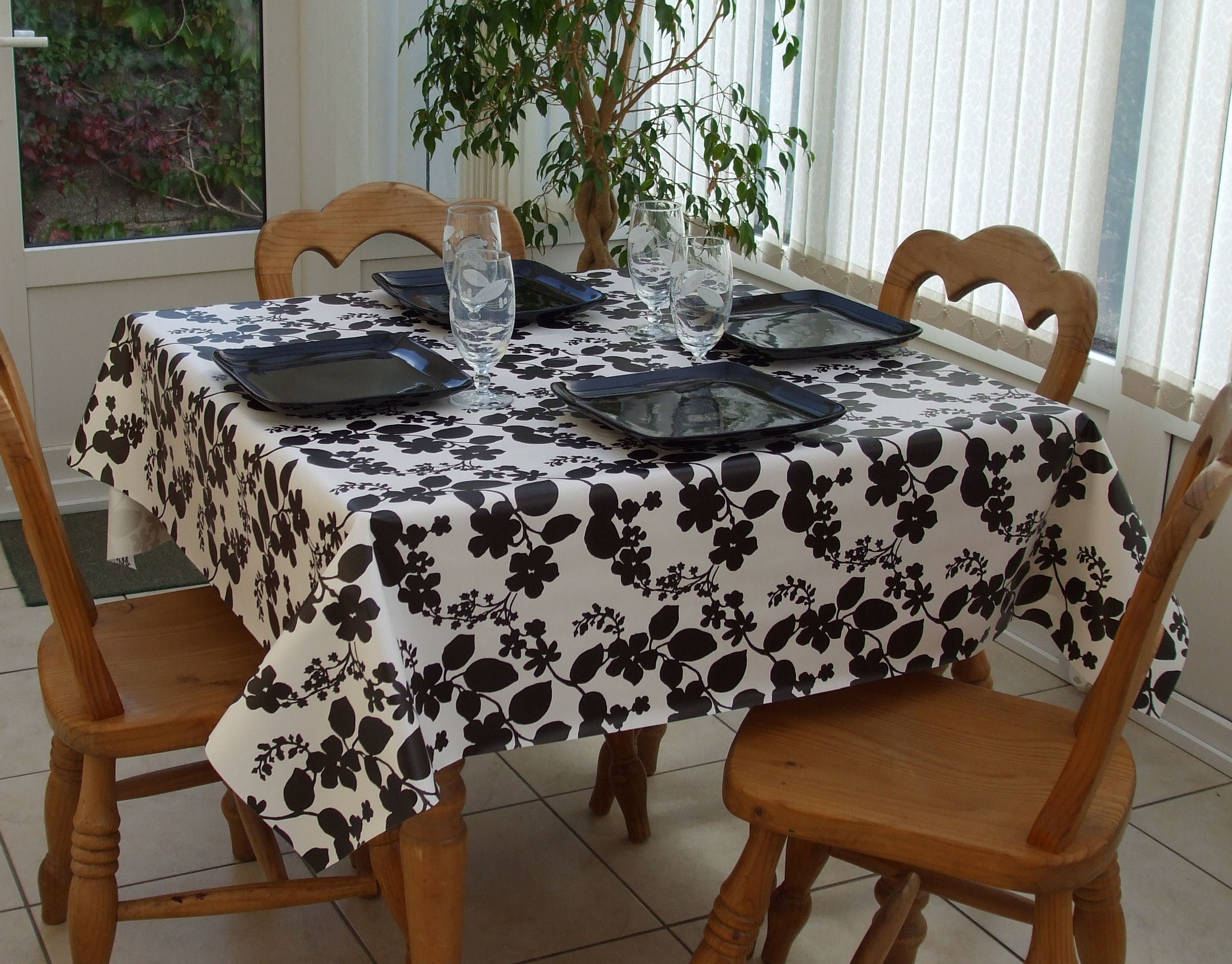 Square Wipe Clean Tablecloth Black Flower The