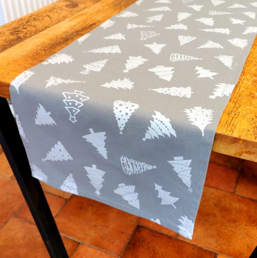 GREY AND SILVER CHRISTMAS TREE TABLE RUNNER