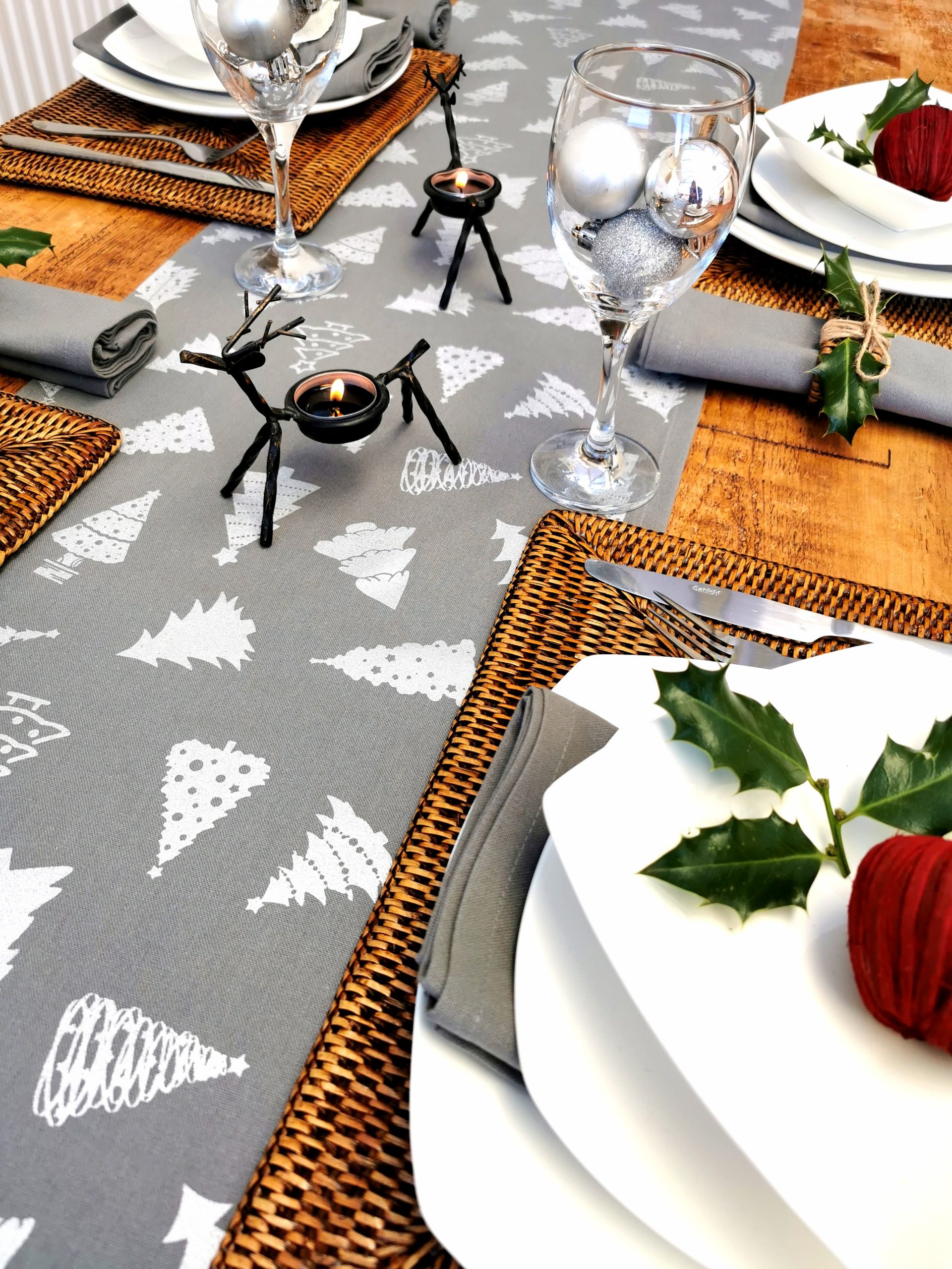 GREY AND SILVER CHRISTMAS TREE TABLE RUNNER GREY AND SILVER CHRISTMAS TREE TABLE RUNNER