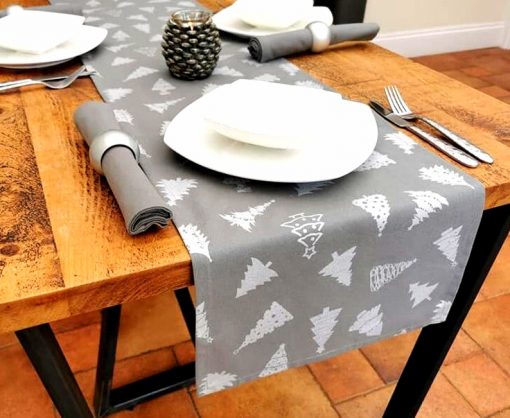 GREY AND SILVER CHRISTMAS TREE TABLE RUNNER