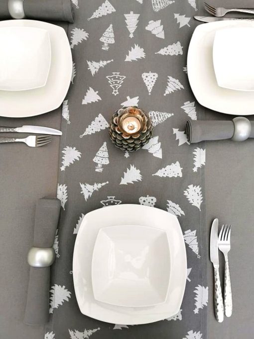 GREY AND SILVER CHRISTMAS TREE TABLE RUNNER