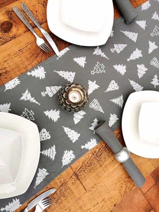 GREY AND SILVER CHRISTMAS TREE TABLE RUNNER