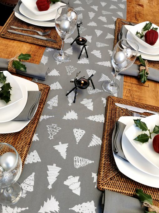 GREY AND SILVER CHRISTMAS TREE TABLE RUNNER