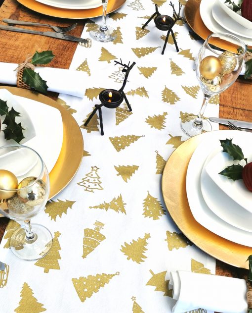 WHITE AND GOLD CHRISTMAS TREE TABLE RUNNER