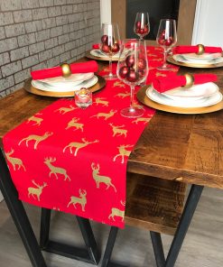 red and gold stag christmas table runner