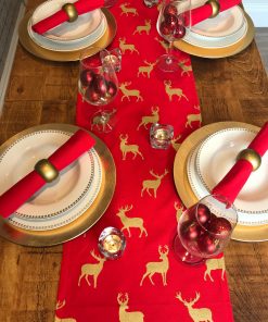 red and gold stag christmas table runner