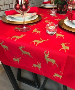 red and gold stag christmas table runner