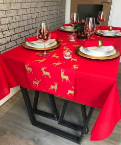 red and gold stag christmas table runner