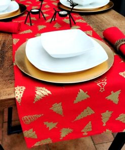 RED AND GOLD CHRISTMAS TREE TABLE RUNNER